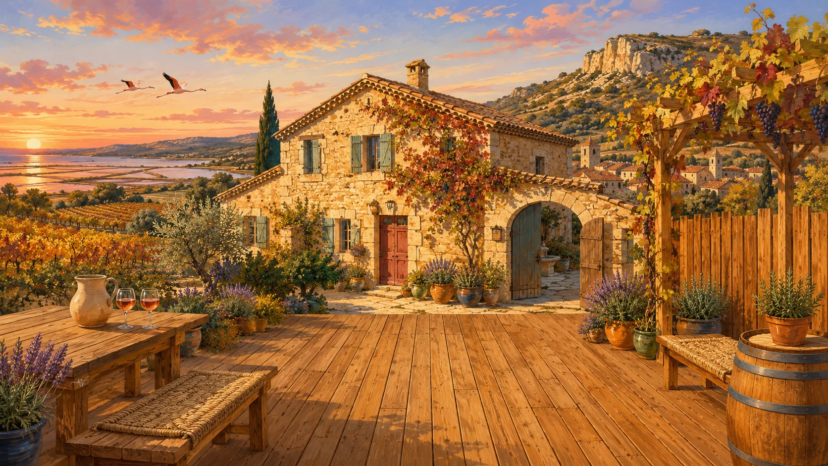 Illustration paysagère du dépôt avec terrasse en bois et clôture